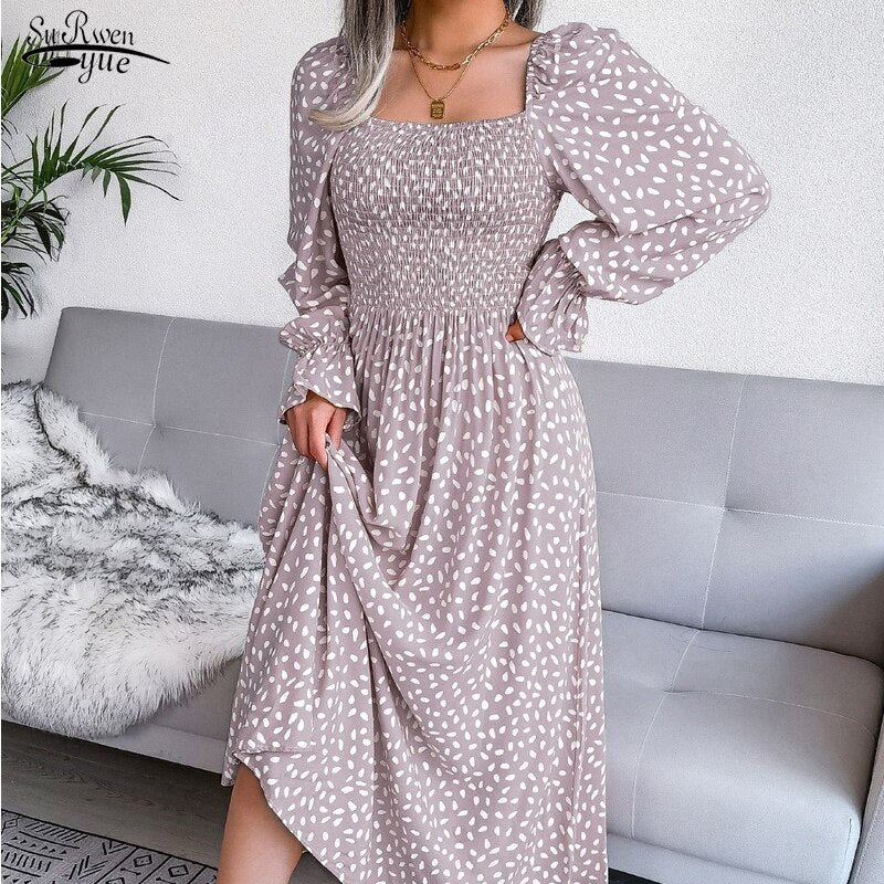 Sixsr Fashion New Print Square Collar Chiffon Dress Women Elegant Pleated Loose Dress Women Puff Sleeve Party Dresses for Women Robes 18123