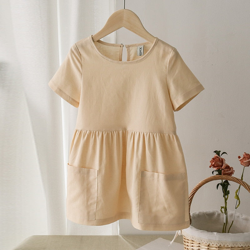 Sixsr Fashion Cotton Linen Summer Girl Dress Yellow Casual Short Sleeve Kids Holiday Dress With Pockets TZ20