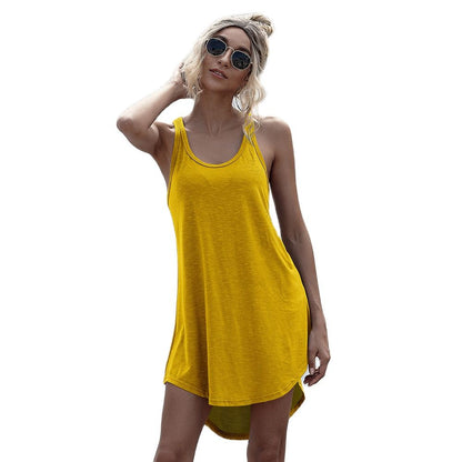 Solid Casual O-neck Sleeveless Tank Dress Women Loose Off Shoulder Asymmetrical Cotton Mini Dress