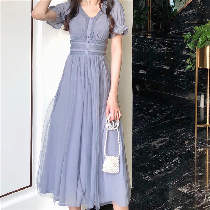 Sixsr New Summer Mesh Dress Female V-neck Short Puff Sleeve A-line Women Dress Slim Korean Style Mesh Elegant Vintage Vestidos