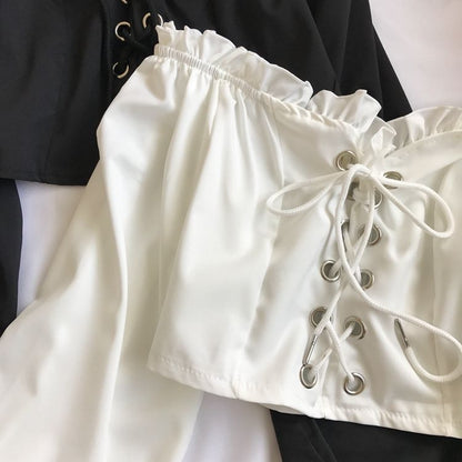 Sixsr Womens Off Shoulder Top Long Sleeve Ruffle Vintage Blouse With Puff Sleeves Lace Up Ladies Tops Bandage Crop Tops Black White