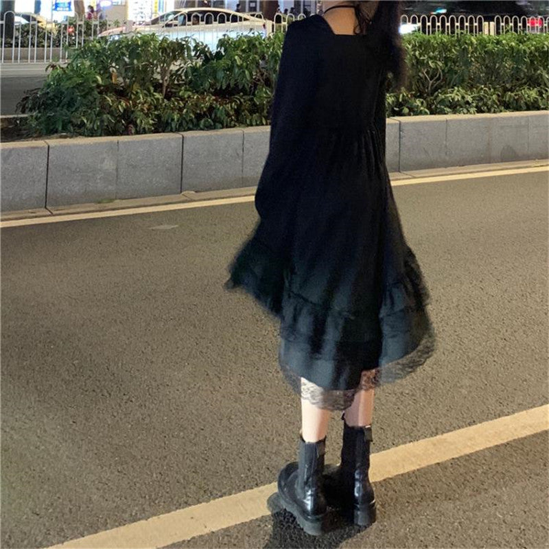 Sixsr New Gothic Women Black Fairy Party Dress Cross Square Collar Lolita Princess Irregular Dress Cute Kawaii Lace Ruffles Chic Dress