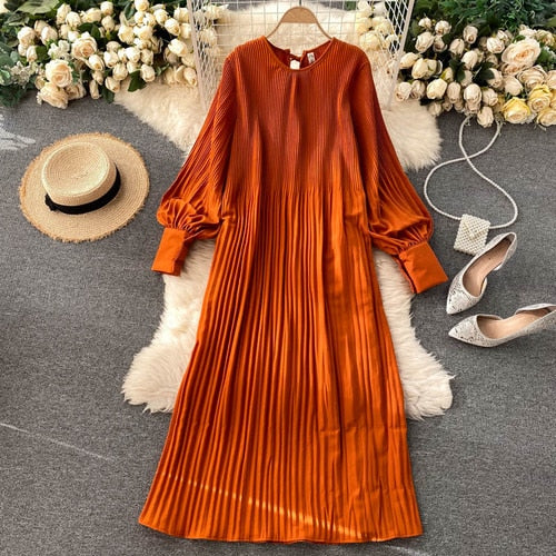 Vintage Pleated Chiffon Long Dress Women Casual Solid Pink/Green/Red O-Neck Draped Slim Vacation Vestidos Autumn Robe New