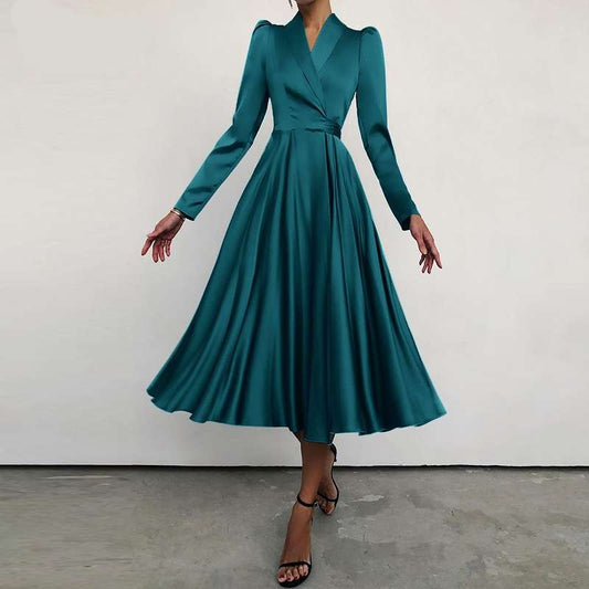 Sixsr Women Fashion Satin Midi Dress Elegant Suit Collar Solid Party Dresses Autumn Bandage Waisted Pleated Swing Vestidos
