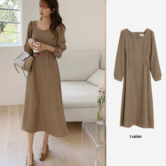 Sixsr  Spring Outfits Chic Korean Fashion Women Temperament Office Lady Elegant Work Basic Wear Solid Vintage Long Dress Fenimine Vestidos N502