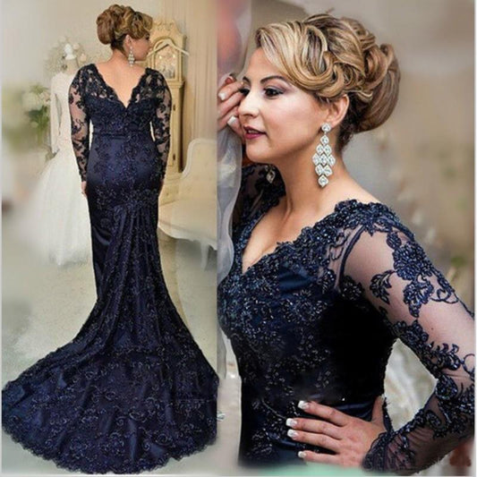 sixsr On Sale Charming Dark Navy Lace Mermaid Long Sleeve Mother of the Bride Dresses V Neck Wedding Party Gowns Back Out