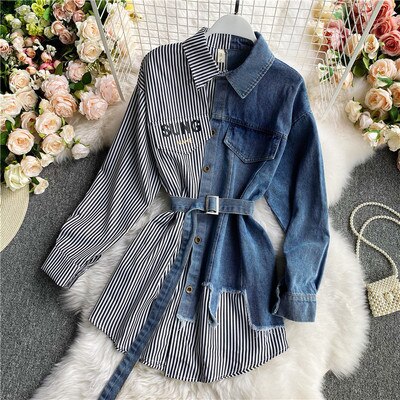 Sixsr Women's Blouse  Autumn Long Sleeve Shirt Tops Jeans Patchwork Plaid Blouses Elegantes Blusas para mujer Slim Shirt Dress