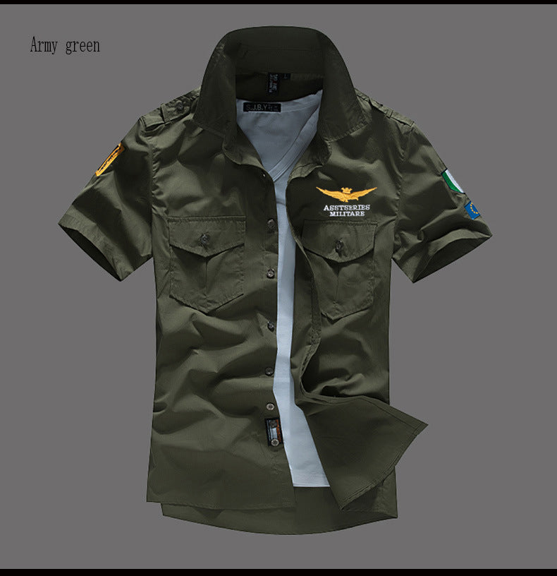 New Men's Shirts Summer Embroidery Short Sleeve Tops 100% Cotton Cool Casual Air Force Male Millitary Cargo Shirt Plus Size