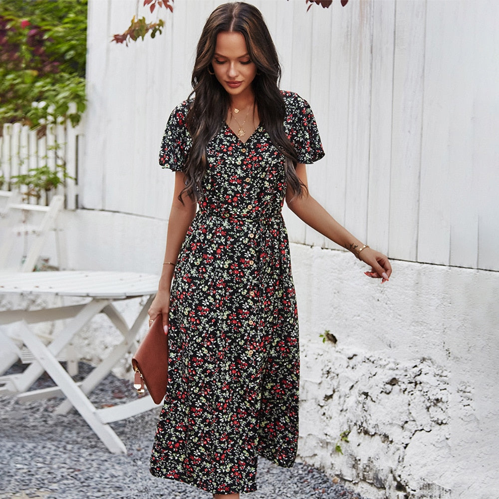 New Ladies Vintage Maxi Floral Print Summer Dress Women Slim Casual High Waist Button Bohemian Women Beach Dress Vestidos Female