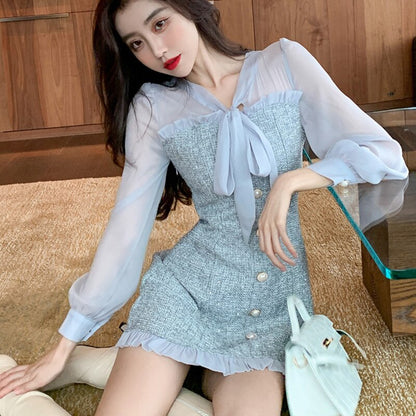 Sixsr New Spring Vintage Sexy See-through Chiffon Patchwork Tweed Mini Dress Women Ribbon Bow Single-breasted Long Sleeve Party Dress