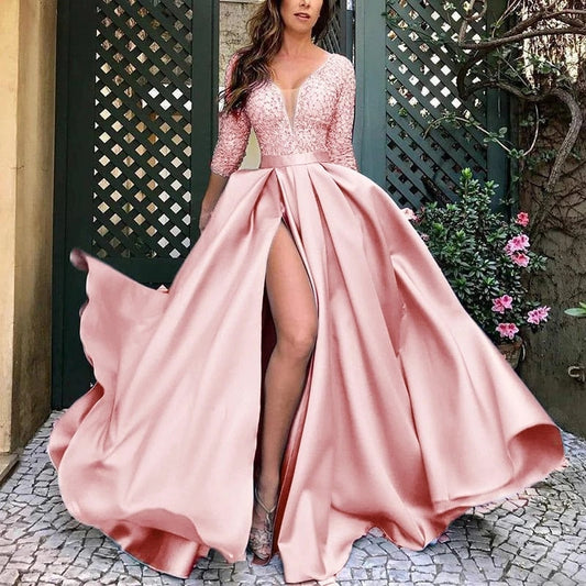 sixsr High Quality Woman Evening Dress For Wedding Sexy V-Neck Long Lace Dresses Trailing Party Plus Size Women Dresses Vestidos