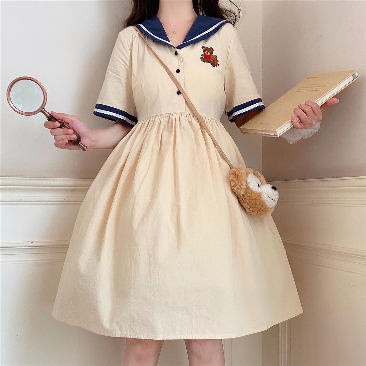 Sixsr Harajuku Sailor Collar Navy Dress Japanese Lolita Sweet Bow-knot Girl Retro Cotton Kawaii Preppy Style Short Sleeve Dress Women