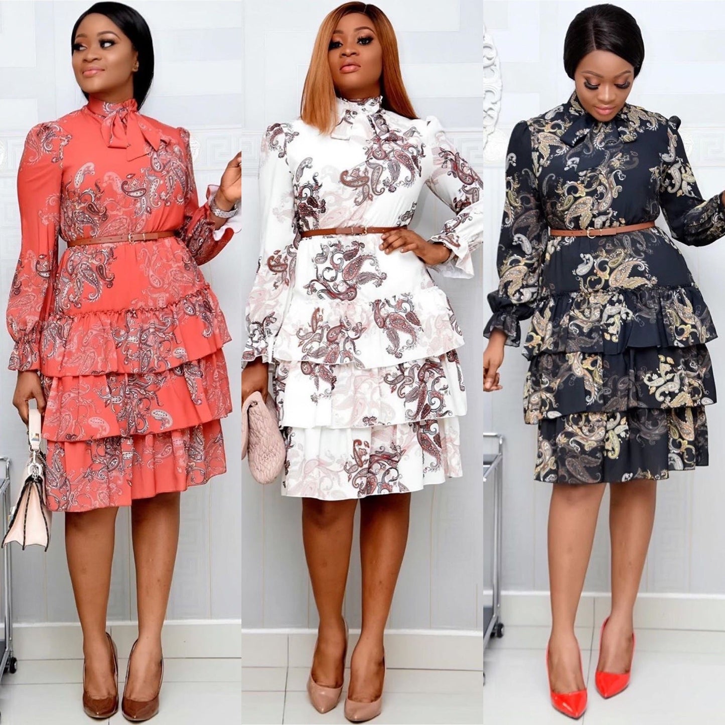 Sixsr Women Printed Dresses Long Sleeves Bowtie Cake Dress Female Ruffles Pleated Africn Fashion Lovely Date Sweet Vestidos Plus Size