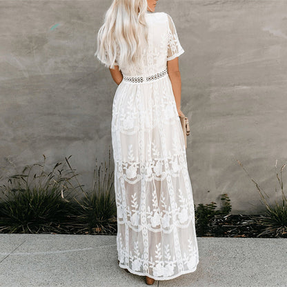 sixsr Summer Boho Women Maxi Dress Loose Embroidery White Lace long Tunic Beach Dress Vacation Holiday Women Clothing