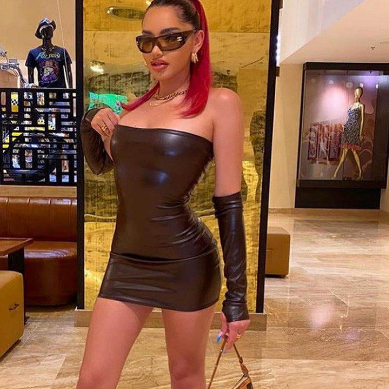 Sixsr Faux PU Leather With Gloves Party Dress Women Backless Sexy Hot Clubwear Skinny Slim Solid Fashion Bodycon Mini Dresses