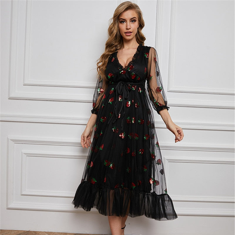 Strawberry Dress Women Fashion Deep V Puff Sleeve Sweet Voile Mesh Sequins Embroidery French Party Dresses 4XL 5XL
