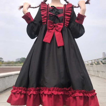 Sixsr Japanese Harajuku Gothic Bandage Bow Splice Dress Sweet Lolita Girl Cosplay Dress Kawaii Ruffles Bow Women Party Dress