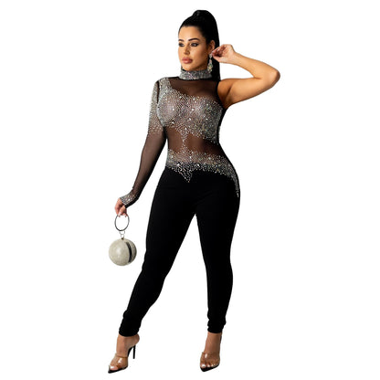 Sixsr Sheer Mesh Diamonds Sequined Pearls High Split Long Dress For Women Straps Bodycon Long Vestidos Night Party Rhinestone Outfits