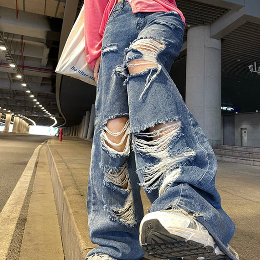 Sixsr Spring And Autumn women's ripped jeans high waist loose straight pants wide leg pants women's jeans Y2K high street jeans