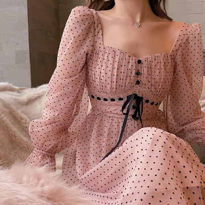 Sixsr French Vintage Midi Dress Women Puffer Sleeve Square Collor Office Elegant Dress Female Spring Dot One Piece Dress Korean