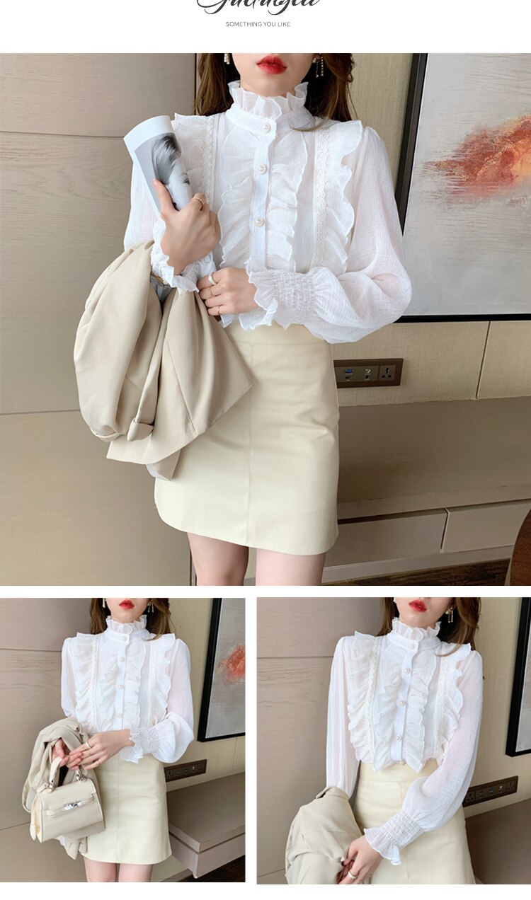 Woman Chic Long Sleeve Stand Collar Blouses Women Casual Loose White Tops Korean Lace Ruffles Elegant Chiffon Shirt Blusas