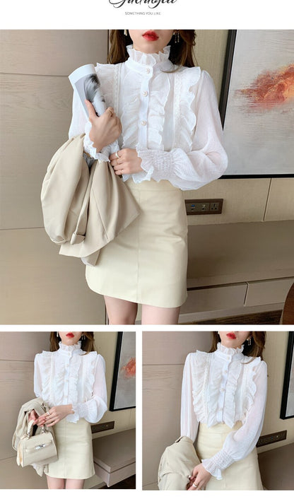 Woman Chic Long Sleeve Stand Collar Blouses Women Casual Loose White Tops Korean Lace Ruffles Elegant Chiffon Shirt Blusas