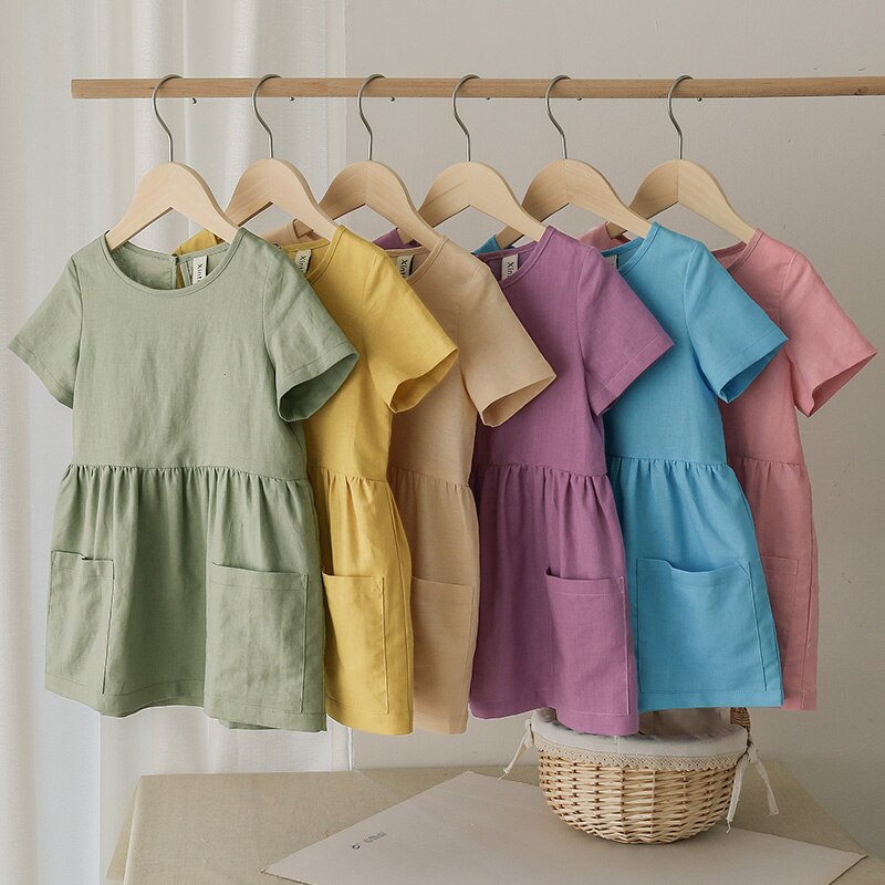 Sixsr Fashion Cotton Linen Summer Girl Dress Yellow Casual Short Sleeve Kids Holiday Dress With Pockets TZ20