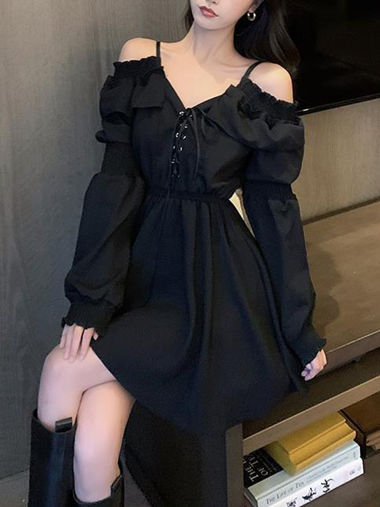 Sixsr Gothic Black Dress Women Casual Button Lace Evening Party Sexy Mini Dress Female Long Sleeve One-piece Dress Korean Autumn