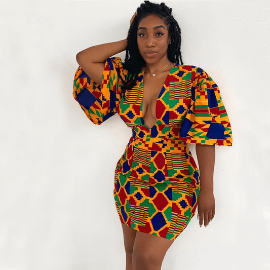 sixsr African Dresses for Women  New Fashion Summer V-neck African Short Sleeve Printing Dress African Women Clothes