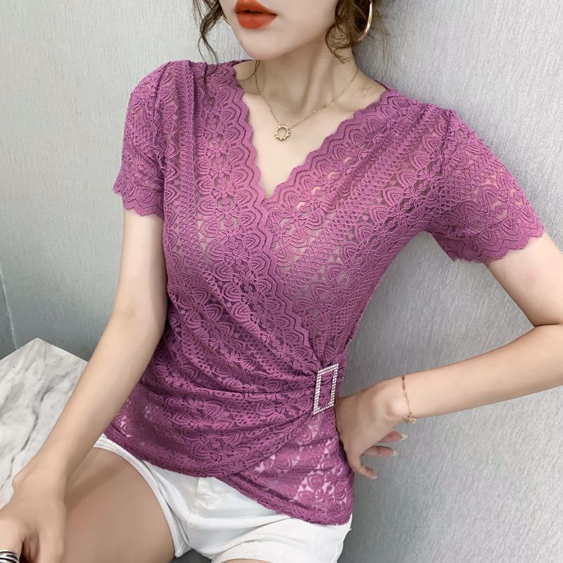 sixsr 5XL Women lace tops New Arrivals  Summer short sleeve v-neck women blouse shirt Sexy Hollow out lace tops plus size blusas