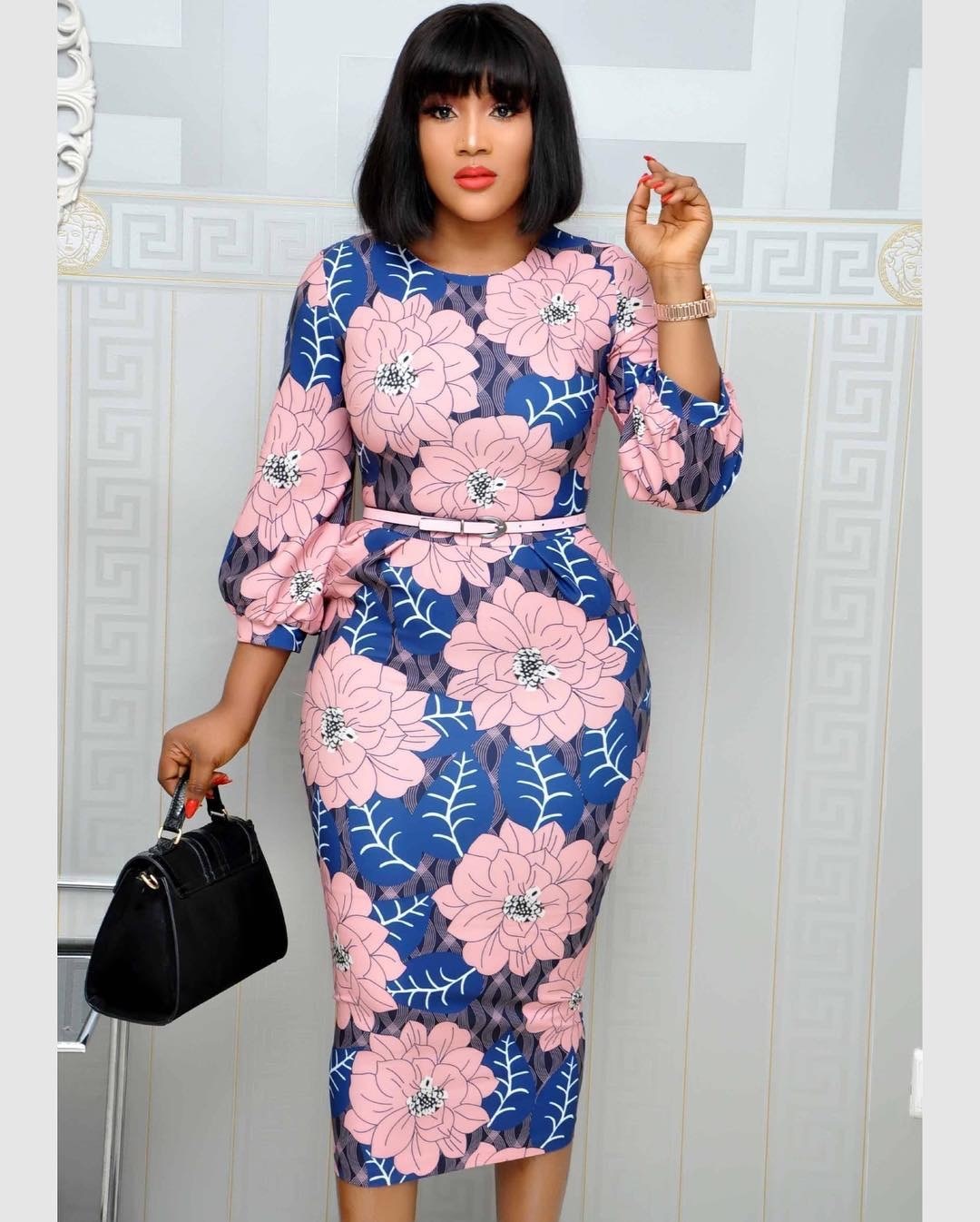 Sixsr Women Bodycon Printed Dress Three Quarter Sleeves Midi Office Ladies Work Wear Elegant Classy Vestidos African Female Plus Size