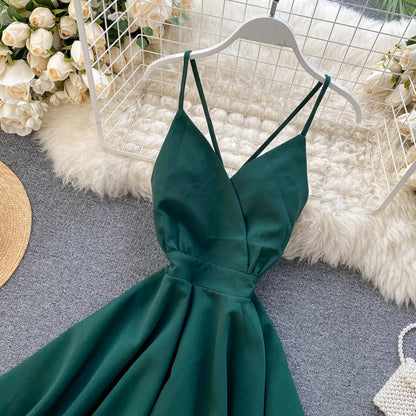 Sixsr Summer Spring Beach Holiday V-Neck Backless Lace Up Ruffles Cakes Solid Elegant Women Lady A-line High Waist Dress
