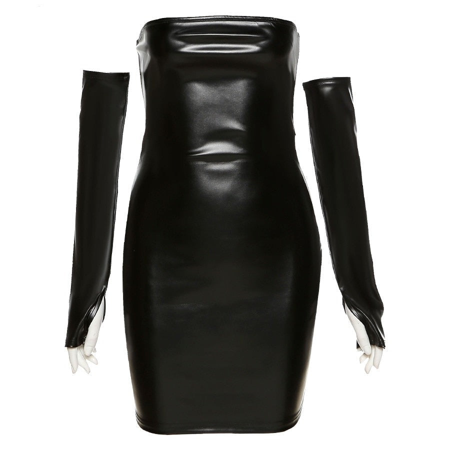 Sixsr Faux PU Leather With Gloves Party Dress Women Backless Sexy Hot Clubwear Skinny Slim Solid Fashion Bodycon Mini Dresses