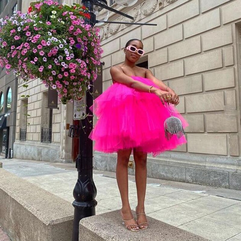 sixsr Chic Fuchsia Ruffles Short Tulle Dresses Women Puffy A-line Mini Tutu Dress Summer Off The Shoulder Robe Vestidos