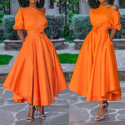 Sixsr Women Dress Bare Shoulder Waist Belt Long A Line Pleated Orange Casual Fashion Female Ladies Elegant New Autumn Summer Robes