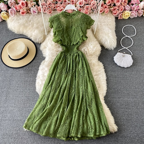 Sixsr Vintage Purple/Green/Red Lace Midi Dress Women Sweet Round Neck Ruffle Vestidos Female High Waist Slim Robe Spring Autumn