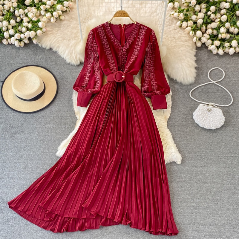 Sixsr Red/Yellow/Black Embroidered Pleated Long Dress Vintage V-Neck Lantern Long Sleeve High Waist Draped Maxi Vestidos Female