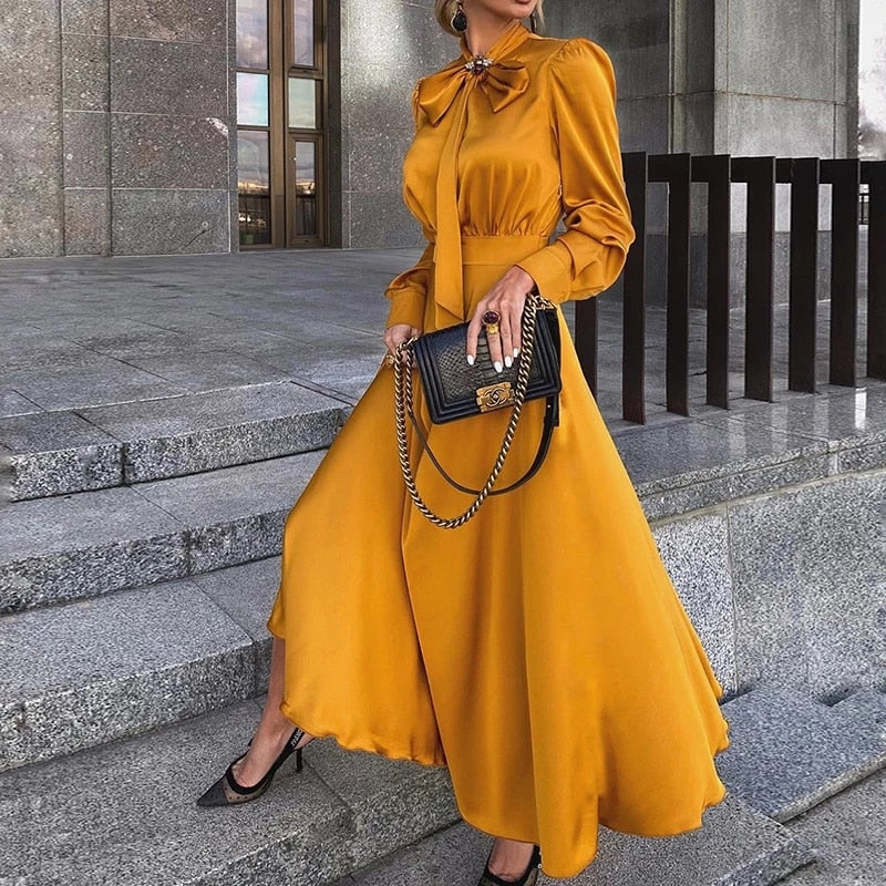 Sixsr Elegant Vintage Dresses Classy Outfits Women Fashion Spring Autumn Long Sleeve Satin Yellow Dress Chic Maxi Dress