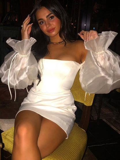 White Off Shoulder Sexy Woman Dress Long Puff Sleeve Mini Night Party Dresses Summer Backless Bodycon Dress Vestidos