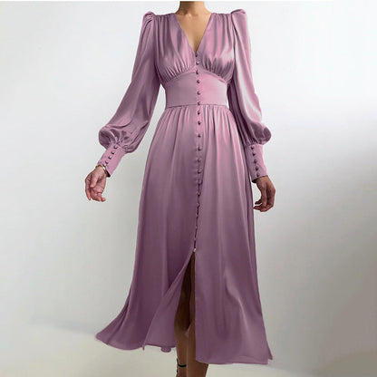 Sixsr Elegant spring satin bishop sleeve a-line dress women V-neck high waist button dress solid Vintage long dresses chic