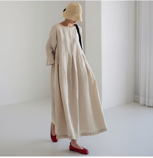 Women Summer Cotton dresses Nine-point Sleeves dress long Maxi dress loose robes casual Dress customized plus size dress boho Linen dress