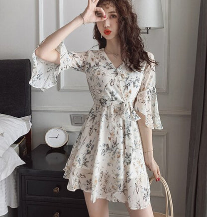 Sixsr Women Mini Dress Spring New V-neck Floral Chiffon Dress High Waist Flare Sleeve Female Dress Woman's Dress KarolyiDora KA88