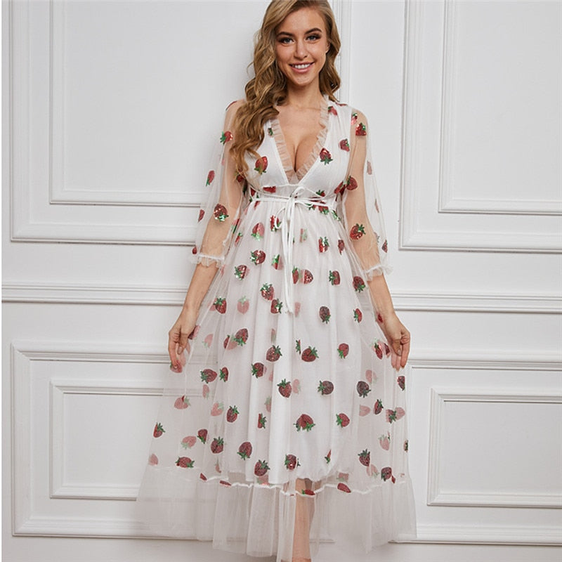 Strawberry Dress Women Fashion Deep V Puff Sleeve Sweet Voile Mesh Sequins Embroidery French Party Dresses 4XL 5XL