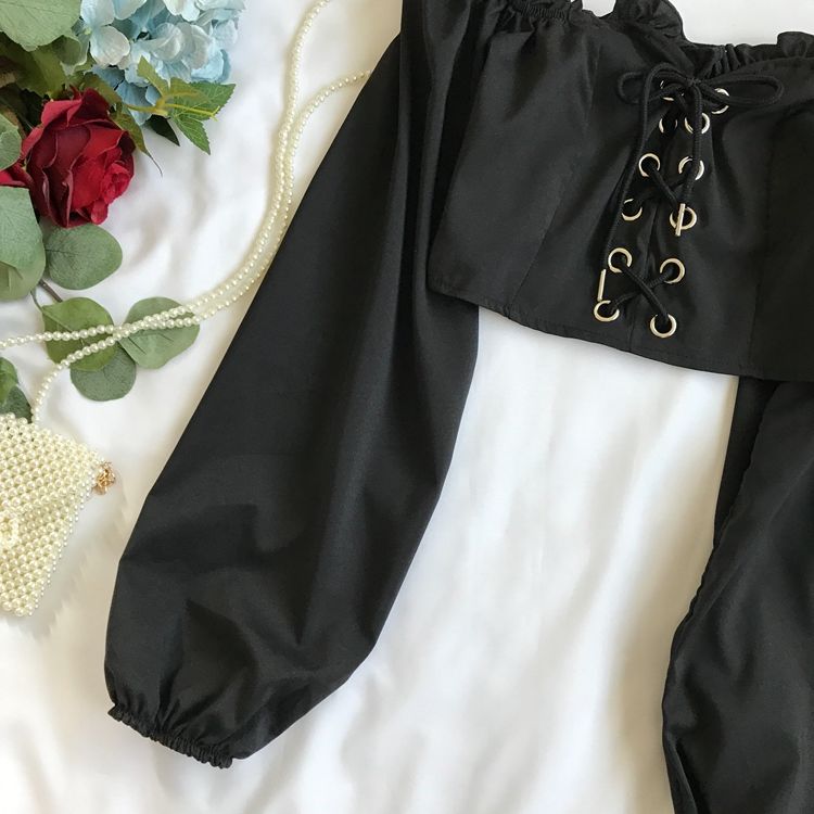 Sixsr Womens Off Shoulder Top Long Sleeve Ruffle Vintage Blouse With Puff Sleeves Lace Up Ladies Tops Bandage Crop Tops Black White