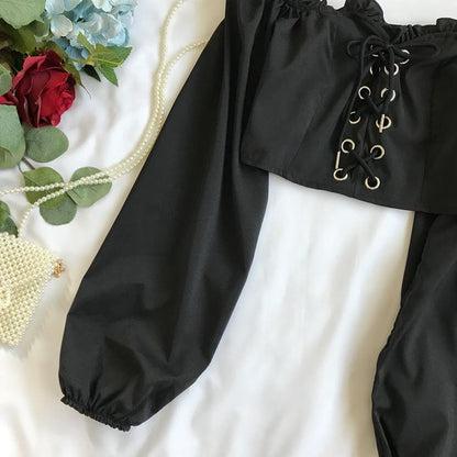 Sixsr Womens Off Shoulder Top Long Sleeve Ruffle Vintage Blouse With Puff Sleeves Lace Up Ladies Tops Bandage Crop Tops Black White