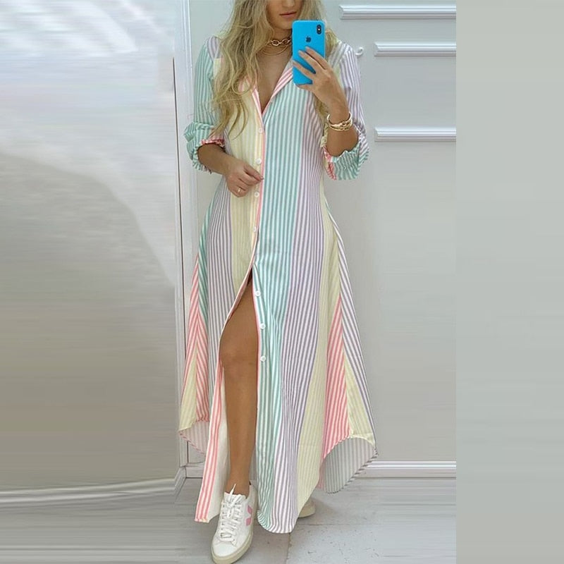 Sixsr Elegant Colorful Stripe Print Long Dress Women Single Breasted Button Spring Party Dress Summer Loose Irregular Maxi Beach Dress