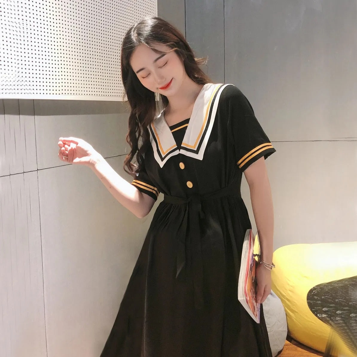 Sixsr Harajuku Sailor Collar Navy Dress Japanese Lolita Sweet Bow-knot Girl Retro Cotton Kawaii Preppy Style Short Sleeve Dress Women