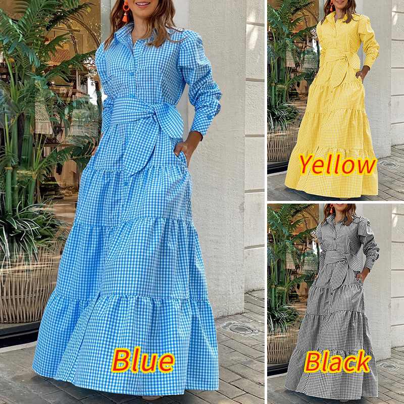 Sixsr Spring Shirt Dress Women Long Sleeve Party Dresses Casual Lapel Button Vintage Belted Pockets Sundress Plaid Printed Robes