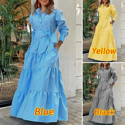 Sixsr Spring Shirt Dress Women Long Sleeve Party Dresses Casual Lapel Button Vintage Belted Pockets Sundress Plaid Printed Robes