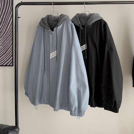 Oversized hooded jacket 2024 spring autumn new coat fake two-piece jacket men's trend loose cool high street baseball uniform